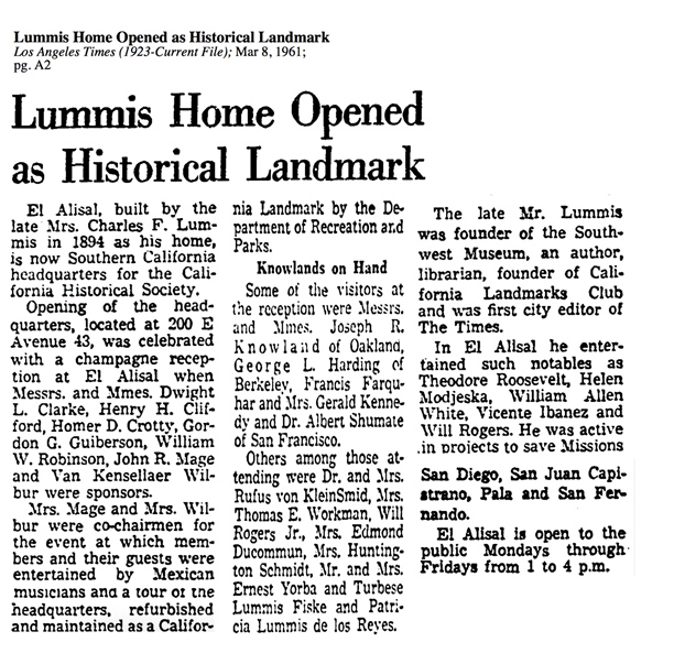 The Opening of Charles Lummis’ Home (“El Alisal”) to The Public